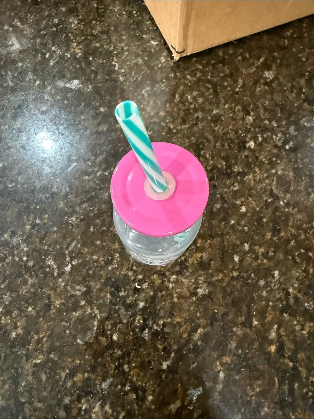 Pink & Turquoise Day of the Dead Small Glass Bottle w/ Striped Straw